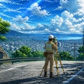 スライド1：測量用の三脚を構えた作業員が高台から街並みと湖を見渡している様子のイラスト