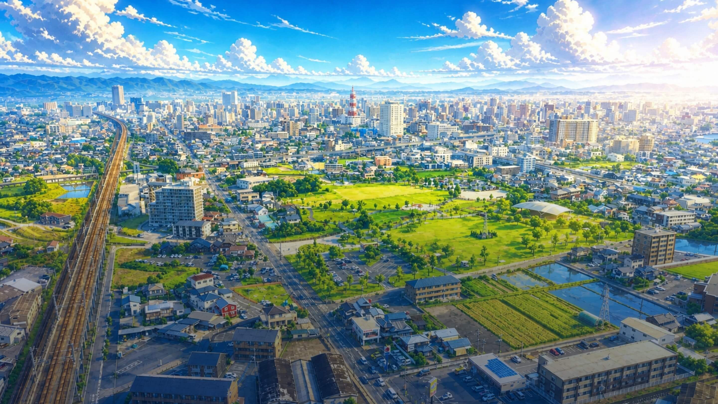 鉄道や公園を含む街並みを上空から見渡した俯瞰イラスト