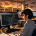 スライド3：夕暮れの橋を背景に、社員がパソコンで設計図面を確認している様子のイラスト