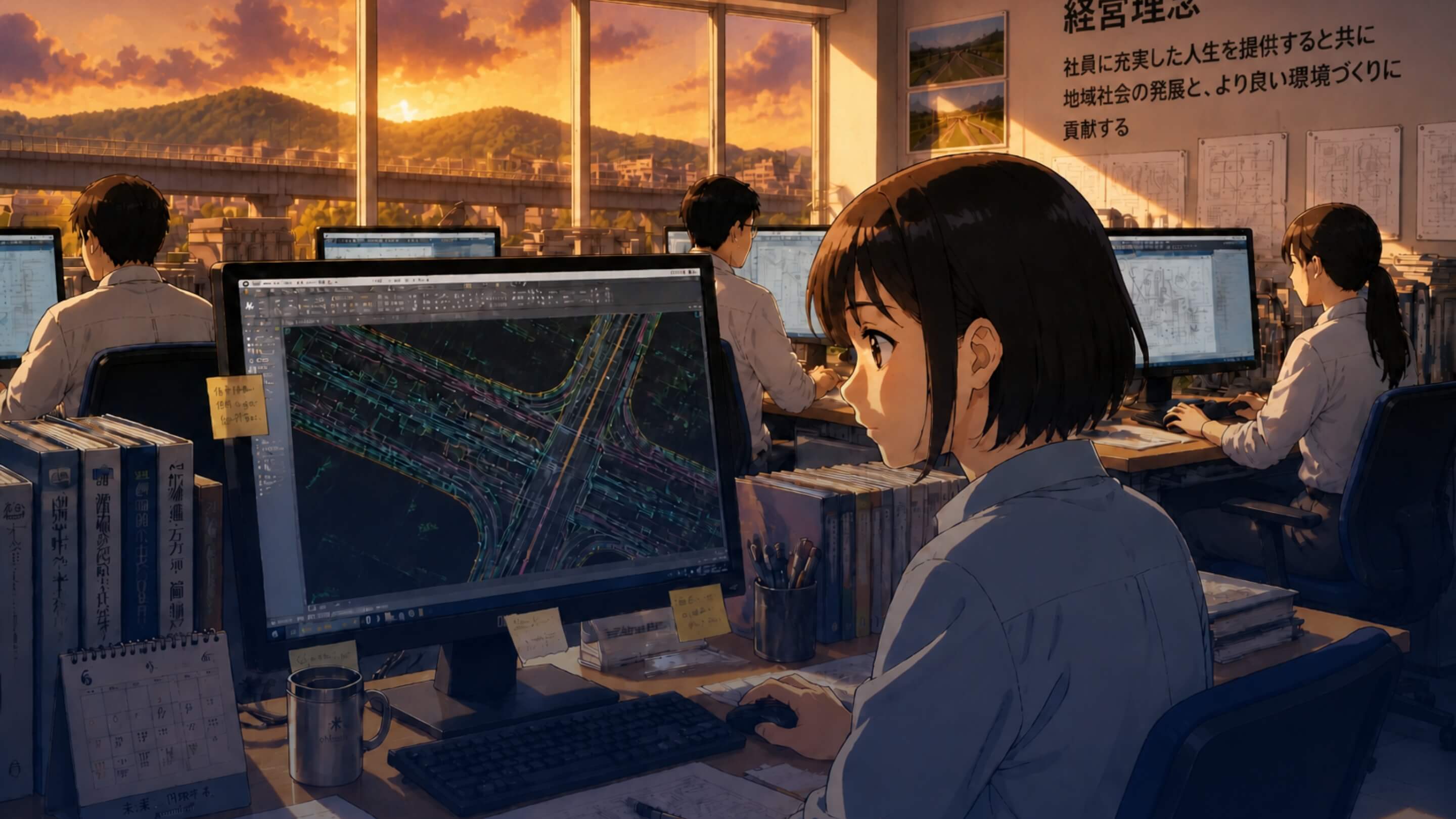 夕暮れの橋を背景に、社員がパソコンで設計図面を確認している様子のイラスト